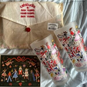 NWT Cat Studio Nutcracker Gift Set - glasses, dish towel & greeting card